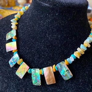 Abalone and genuine gemstones iridescent gorgeous short necklace.